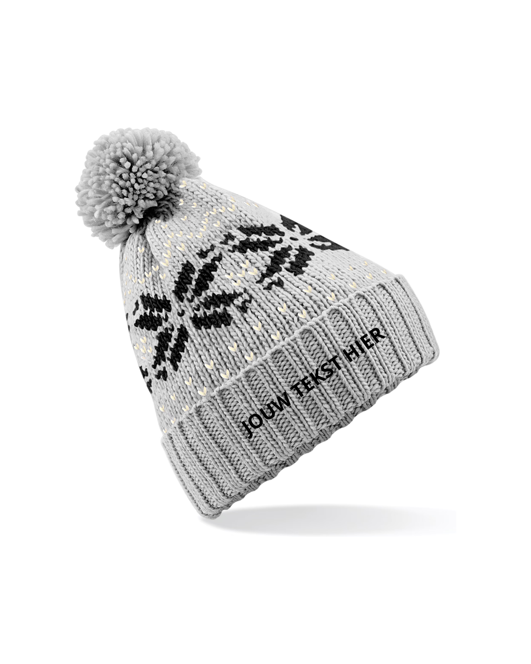Gebreide kerstmuts - grijs kerstvlokken