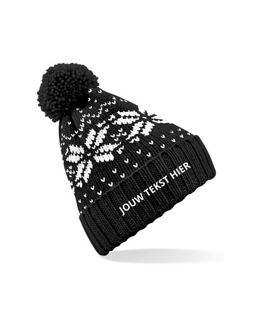 Gebreide kerstmuts - zwart kerstvlokken