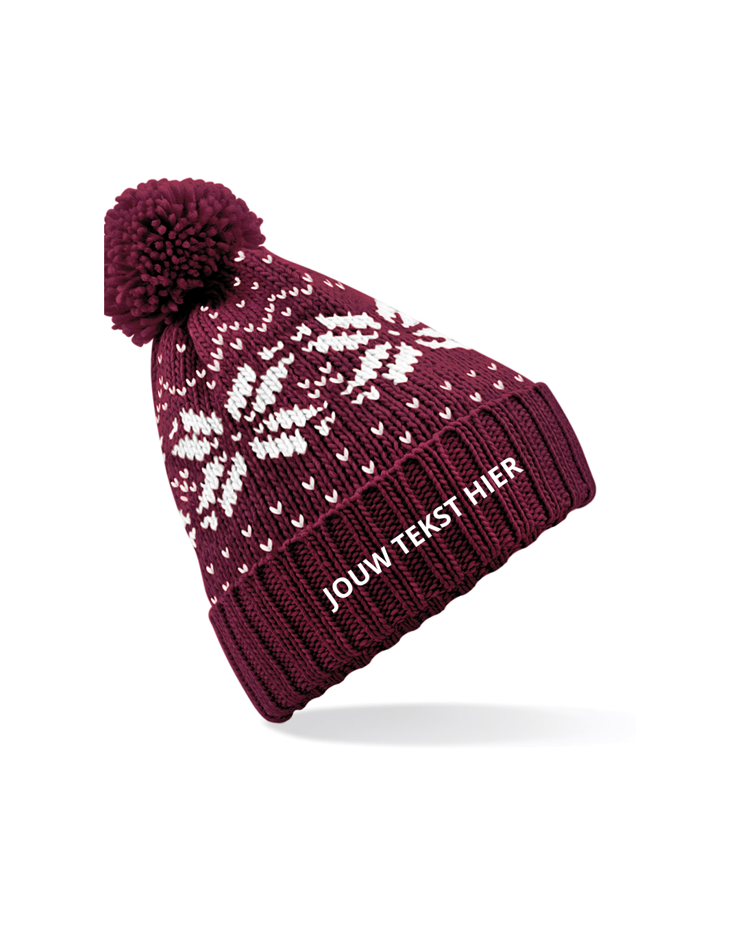 Gebreide kerstmuts - bordeau kerstvlokken