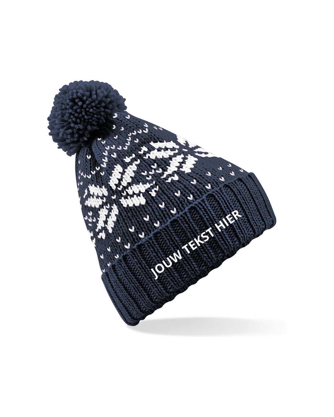 Gebreide kerstmuts - navy kerstvlokken
