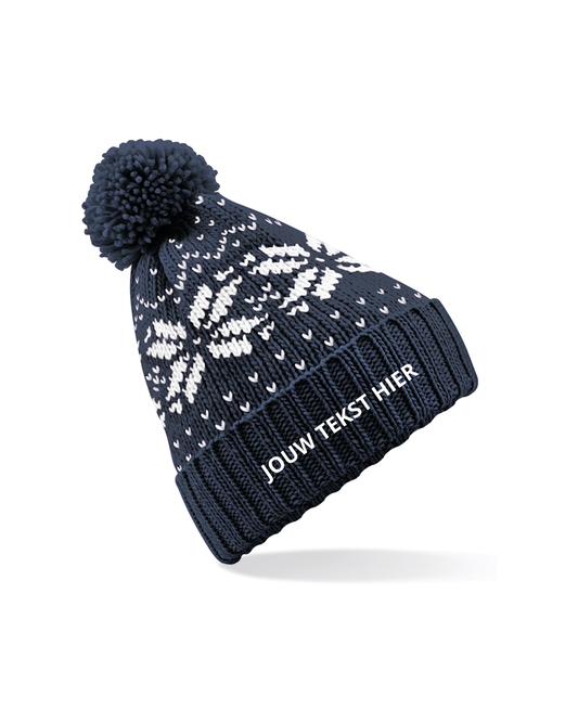 Gebreide kerstmuts - navy kerstvlokken